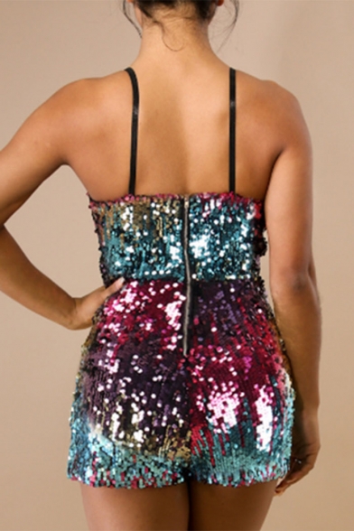 Trendy Womens Sleeveless Sequin Embellished Zip-Back Sexy Straps Rompers
