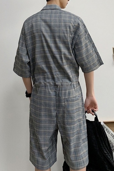 Unisex Summer Trendy Stylish Plaid Printed Button Down Drawstring Waist Chic Coveralls Rompers