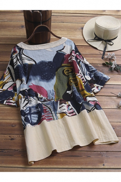 Vintage Art Painting Round Neck Half Sleeve Button Down Casual Linen Shirt Blouse