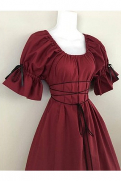Vintage Royal Style Square Neck Puff Sleeve Tied Waist Maxi Swing Dress