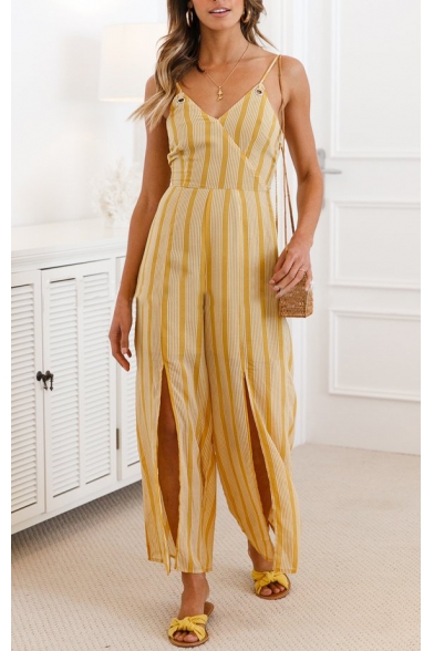 Women's Summer Sexy V-Neck Spaghetti Straps Eyelet Sleeveless Yellow Stripped Split-Front Loose Wide Leg Jumpsuits