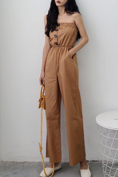 Womens Brown Vintage Strapless Sleeveless Elastic Waist Button Front Casual Sweet Jumpsuits