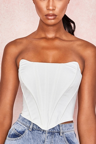 Womens Chic Simple Plain Strapless Sleeveless White Irregular Cropped Bandeau Top