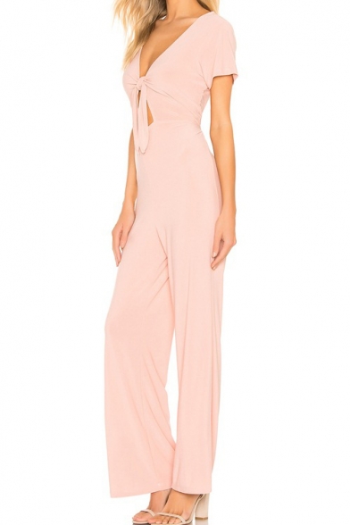 Womens Graceful Sexy Stylish Pink V-Neck Hollow Out Tie Front Fitted Jumpsuit for Night Club
