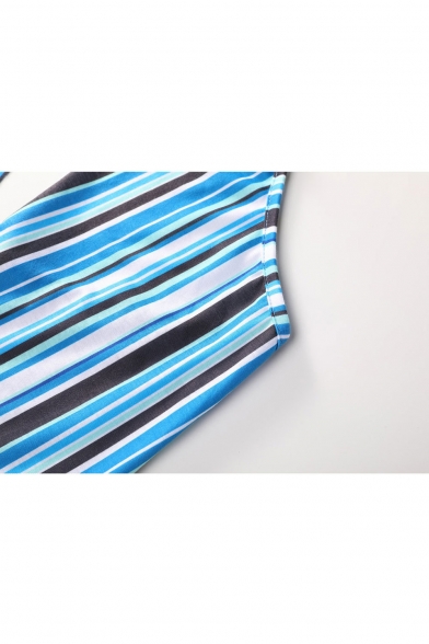 Womens Hot Fashion Halter V-Neck Blue Stripes Sleeveless Waist Tie Slinky Jumpsuits