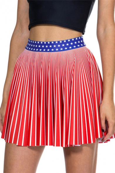 Womens Hot Fashion Red Striped Print Star High Waist Pleated Mini Skater Skirt