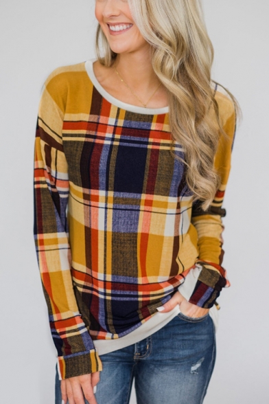 Womens Hot Popular Yellow Plaid Printed Basic Round Neck Long Sleeve Loose Fit T-Shirt