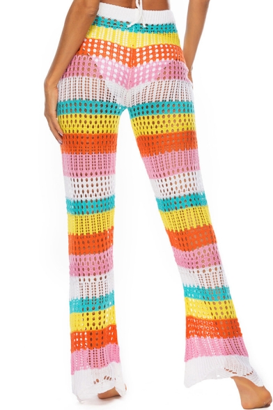 Womens Hot Sexy Rainbow Knit Cutout Crochet High Waist Self-Tie Beach Pants