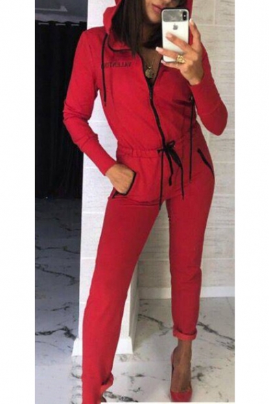 Womens Hot Stylish Plain Long Sleeve Drawstring Waist Zip-Front Letter Tract Hoodie Jumpsuits