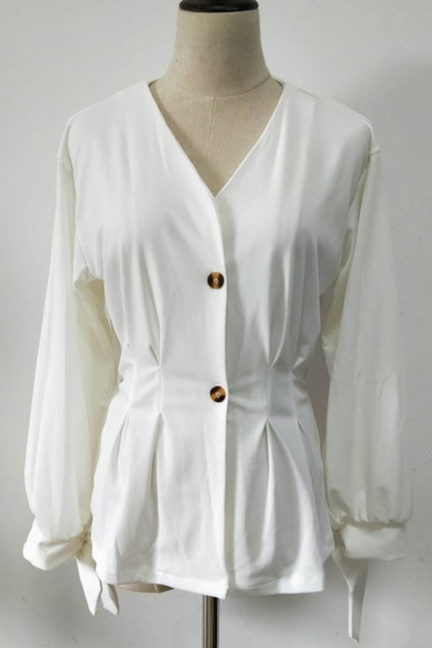 Womens Hot Stylish White Nine Point Sleeves Plunge V Neck Button Front Bow Cuff Elegant Shirts