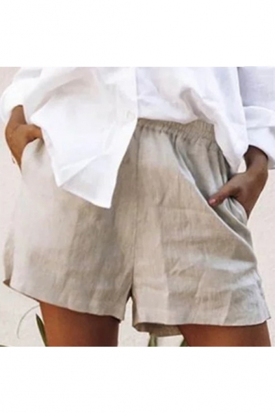 Womens New Stylish Plain Light Khaki Elastic Waist Washed Cotton Casual Shorts
