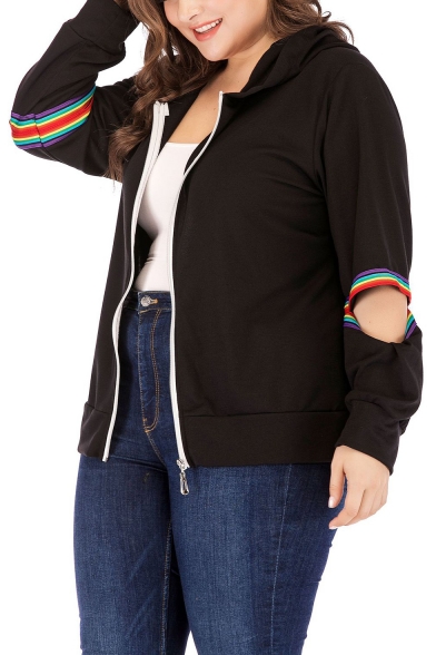 Womens Plus Size Fashion Hollow Out Striped Long Sleeve Zip Up Sport Loose Black Hoodie
