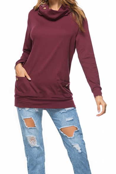 ZXFHZS Womens Cowl Neck Long Sleeve Loose Buttons Side Split Sweatshirt Tunic Tops 