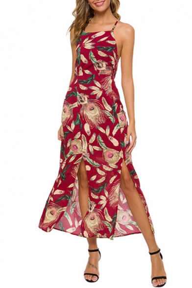 Womens Popular Vintage Red Floral Printed Sexy Strappy Cutout Back Split Side Maxi Cami Dress