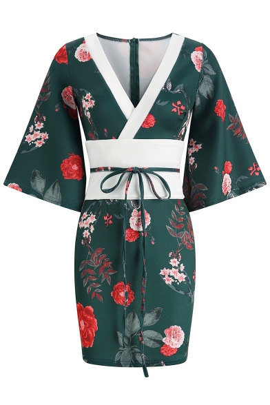 Womens Sexy Night Club Chic Blue Floral Print Surplice V-Neck Mini Bodycon Kimono Dress