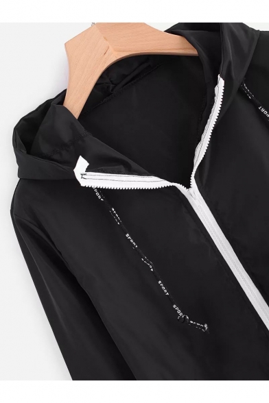 Womens Simple Double Stripe Print Long Sleeve Zip Up Hooded Coat Jacket