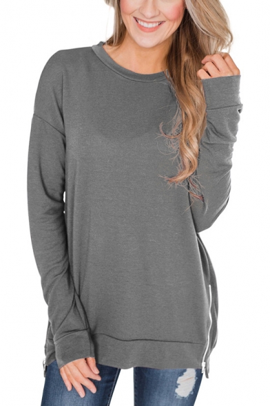 Womens Simple Plain Round Neck Long Sleeve Zipper Side Loose Fit Sweatshirt