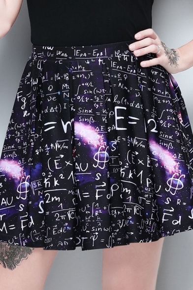 

Womens Stylish Black Elastic Waist Letter Galaxy Print Mini Skater Skirt, LM548188