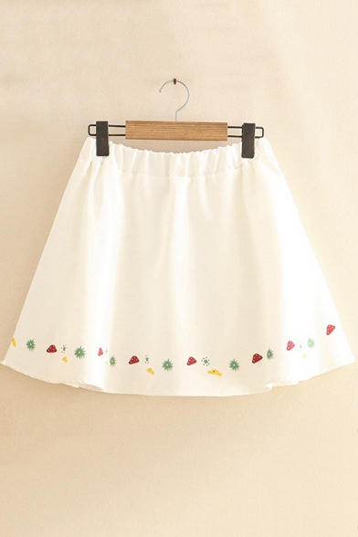Womens Stylish Strawberry Embroidered Elastic Waist Sweet A-Line Mini Skirt