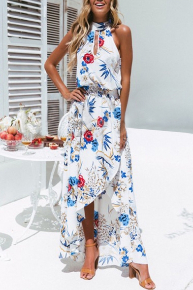 Womens Summer Holiday Fashion Floral Printed Sleeveless Split Front Maxi Beach Dress