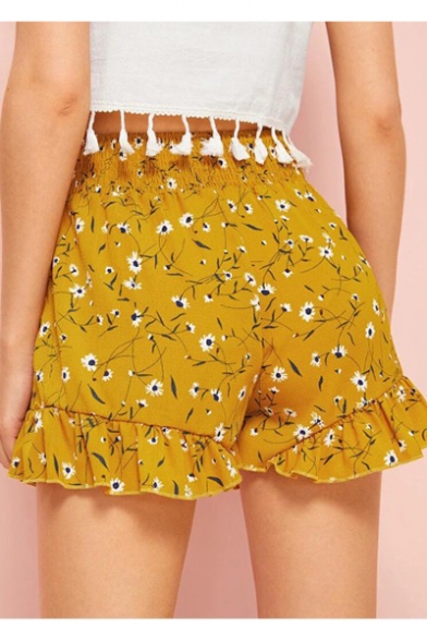 Womens Summer Popular Yellow Floral Print Ruffled Hem Loose Fit Shorts