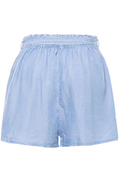 Womens Trendy Blue Tied Elastic Waist Casual Loose Silk Denim Shorts