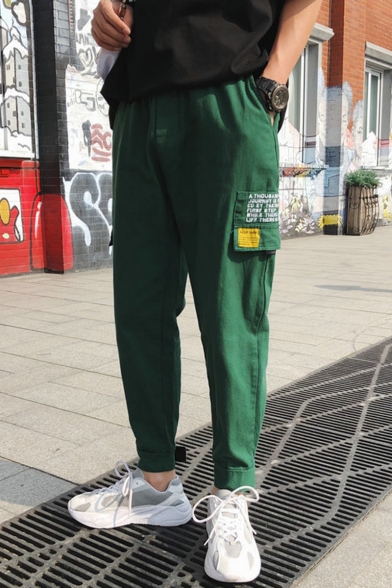 Casual Fashion Letter Printed Fake Pocket Side Cotton Cargo Pants for Men