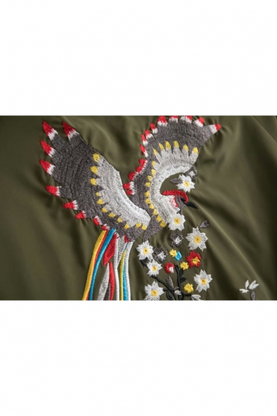 Chic Floral Crane Embroidery Rib Stand Collar Long Sleeve Zip Up Reversible Baseball Jacket