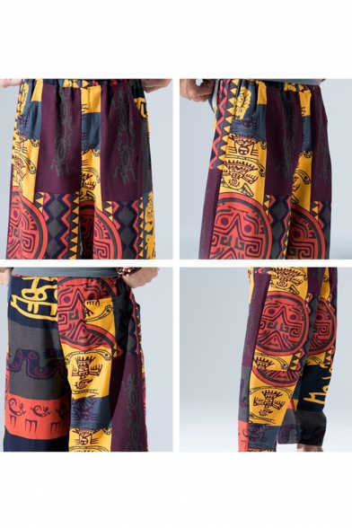 Chinese Style Vintage Printed Purple Cotton and Liner Wide Leg Pants for Men