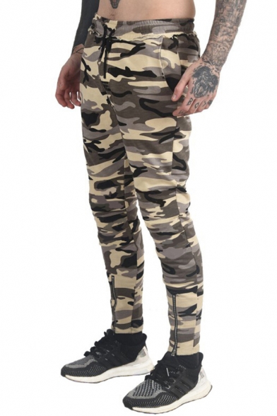 Cool Fashion Camouflage Print Zipper Embellishment Drawstring Waist Men's Casual Joggers Pencil Pants