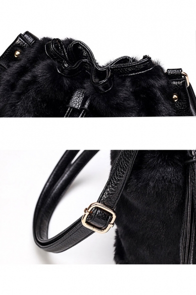 Cool Fashion Leopard Pattern Tassel Embellishment Plush Drawstring Bucket Bag 25*13*24 CM