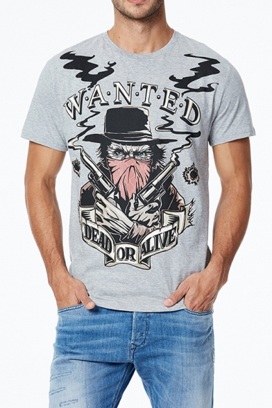 Cool Figure Letter WANTED DEAD OR ALIVE Print Mens Casual Cotton Tee