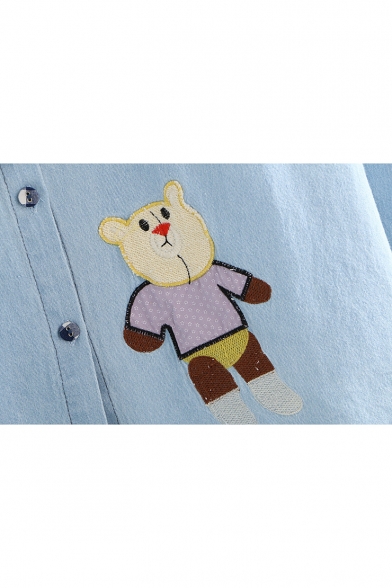 Cute Cartoon Animal Embroidery Long Sleeve Button Down Blue Chambray Shirt
