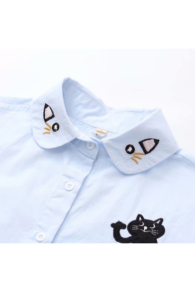 Cute Cartoon Letter Cat Pocket Simple Long Sleeve Button Down Casual Shirt