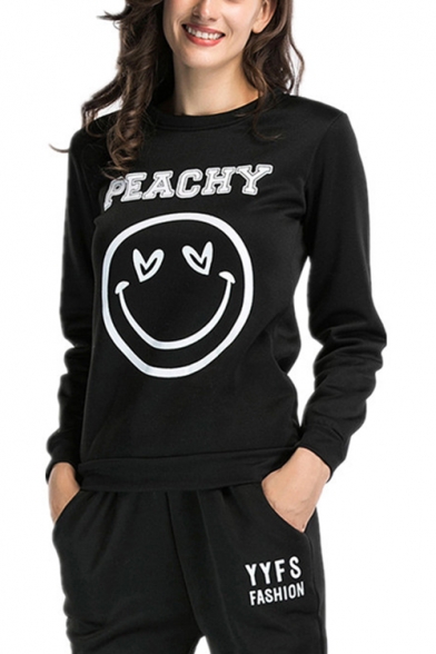 Cute Cartoon Smile Face Letter PEACHY Print Crewneck Long Sleeve Pullover Sweatshirt