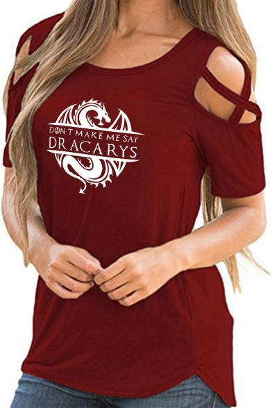 Dragon Dracarys Pattern Hollow Out Short Sleeve Round Neck Loose Fit T-Shirt