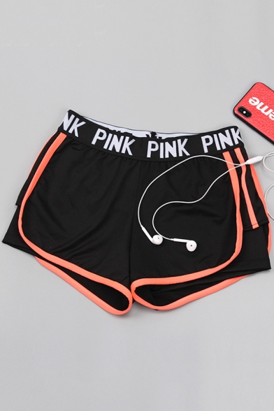 Fancy PINK Letter Waist Quick Dry Fake Two-Piece Sport Yoga Shorts