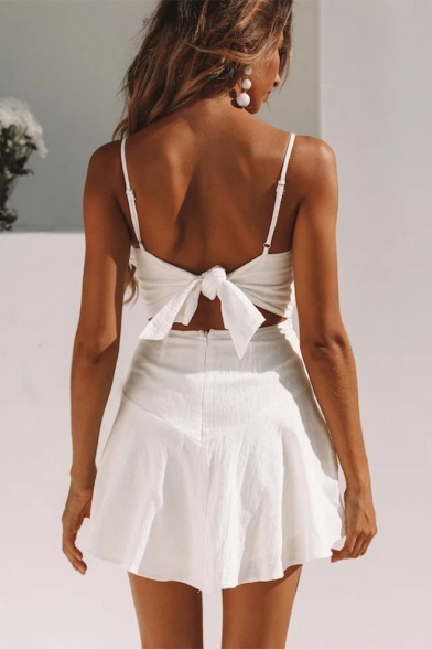 Fancy Tassel Hem Bow-Tied Back Plain Mini A-Line Cami Dress