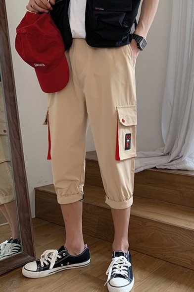 Fashion Contrast Flap Pocket Cropped Casual Cargo Pants
