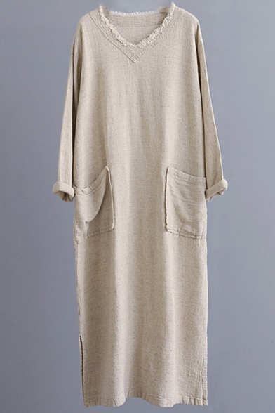 Vintage Solid Color V Neck Long Sleeve Pocket Front Split Side Casual Loose Maxi Cotton Linen Dress