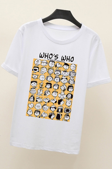 Funny Cartoon Letter WHO'S WHO Pattern Cotton Short Sleeve Tee