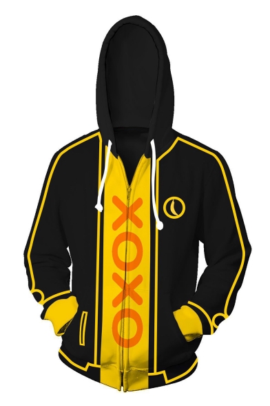 Funny Comic Letter XOXO Printed Long Sleeve Zip Up Sport Loose Black and Yellow Hoodie