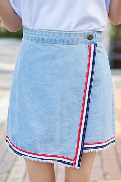 

Girls Fashion Contrast Stripe Trim Frayed Hem Wrap Front Mini A-Line Blue Denim Skirt, LM542618