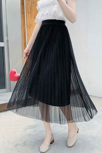 Girls Stylish Ombre Color High Waist Maxi Mesh Pleated Skirt
