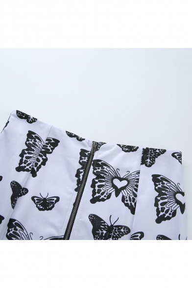 Girls Summer Fashion White Butterfly Printed Zipper-Fly Slit Side Mini Bodycon Skirt