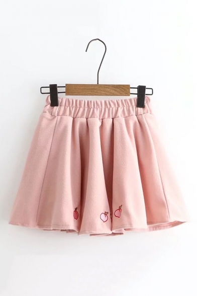Girls Summer Peach Embroidery Elastic Waist Plain Pleated Wool Mini Skirt