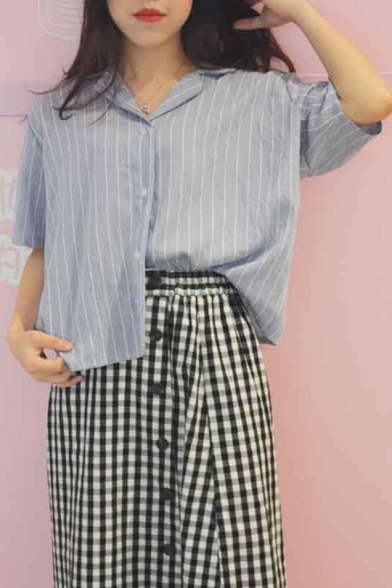 Girls Summer Retro Notched Lapel Collar Vertical Striped Short Sleeve Button Shirt