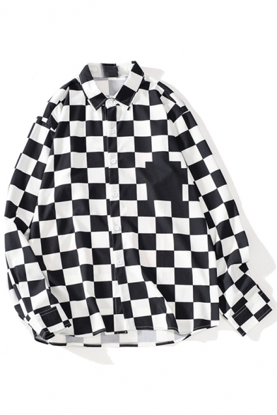 Guys Cool Unique Fish Eye Checkerboard Print Black Relaxed Loose Shirt