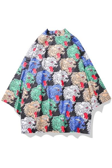 Guys Fashion Allover Tiger Pattern Three-Quarter Sleeve Loose Casual Kimono Blouse