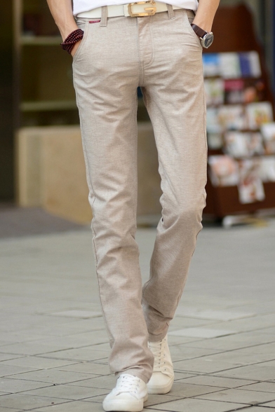 Guys Fashion Simple Plain Casual Straight Tailored Suit Pants Linen Dress Pants